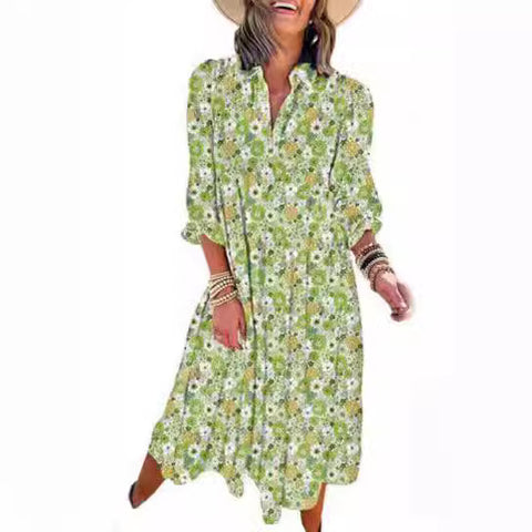 Loose long-sleeved V-neck women's bohemian floral elegant A-shaped dress m300573