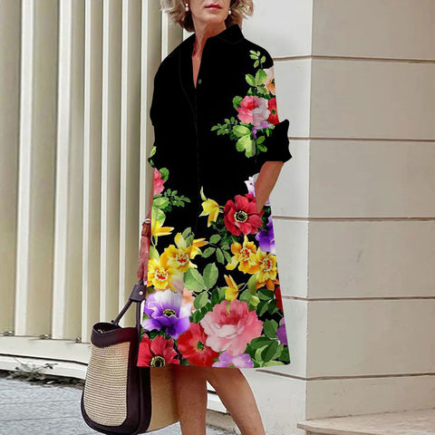 Gentle wind floral 3D digital printing single row open button shirt dress m300914