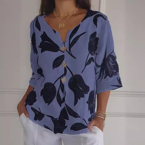 Printed cotton and linen V-neck short sleeved pullover shirt m300056