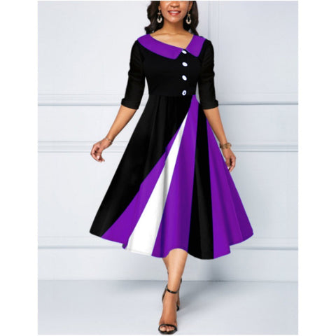 Button embellished 3D printed pendulum five-quarter sleeve long dress m300864