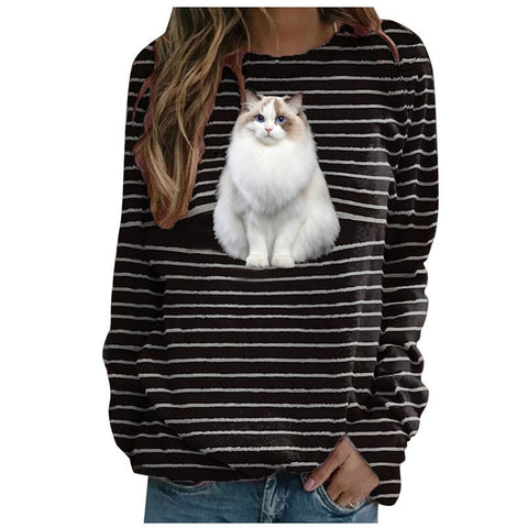 Cat print casual long-sleeved T-shirt striped top m300513