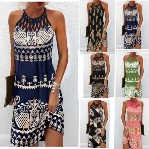 round Neck Hollow-out Collar Slim Fit Sleeveless Halter Printed Dress M300192