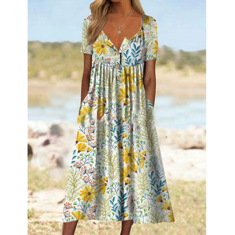 Printed V-neck button short sleeved dress with women's pockets and long skirt m300028