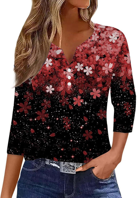 V-neck three-button seven-quarter sleeves, floral smudge printing, fashionable and casual loose women's clothing m300565