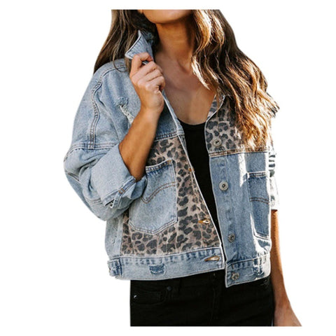 Denim jacket women's long-sleeved denim jacket women's leopard print splicing m300582