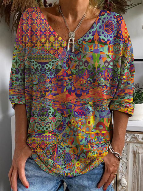 Casual V-neck long-sleeved loose pullover ethnic digital printing women's T-shirt m300607