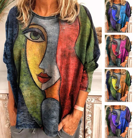 Large size women's face printing long-sleeved loose T-shirt women's m300665