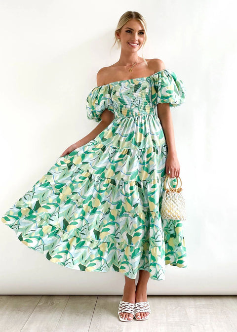 Puff Sleeve Holiday Slim Looking Long Dress off-Shoulder Printed Dress Female M300282