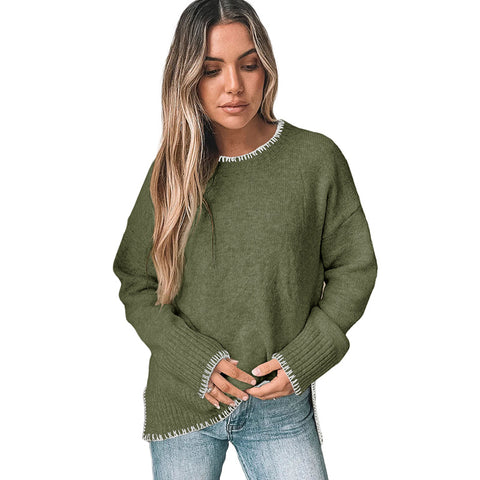 Fashion knitted sweater pullover trimmed crew neck sweater women's m300629