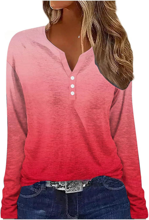 Printed V-neck V-neck three-button long-sleeved T-shirt m300618