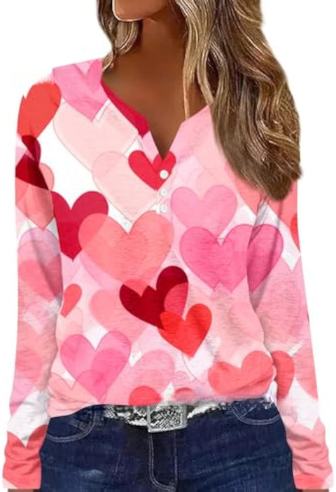 Printed V-neck V-neck three-button long-sleeved T-shirt m300618