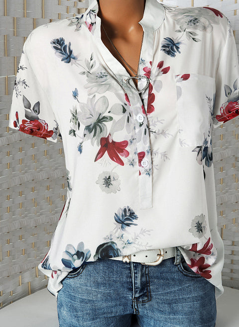 Floral Stand Collar Short Sleeve Blouses m161501816 (5606981)