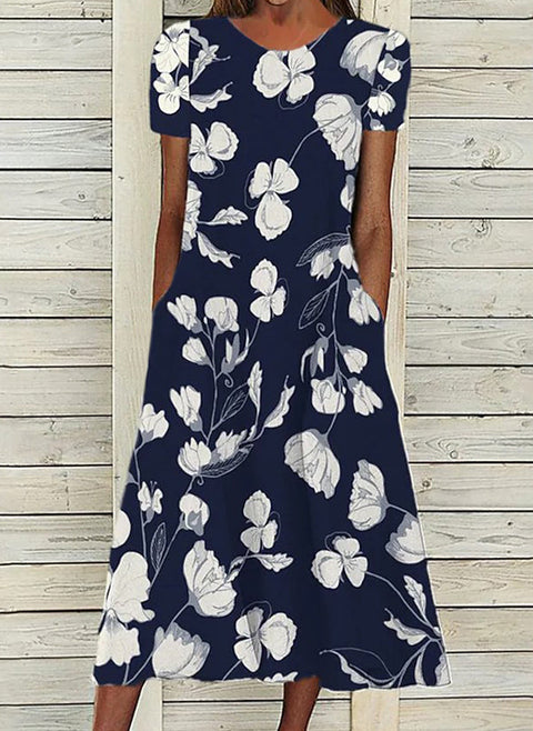 Floral Round Neckline Short Sleeve Midi A line Dress m161505085 (5825776)