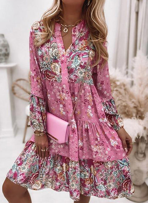 Floral V Neckline 3/4 Sleeves Above Knee A line Dress m161507179 (5826766)