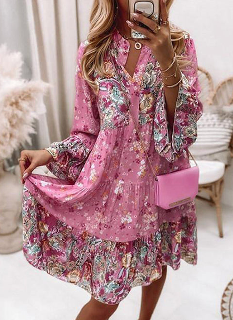 Floral V Neckline 3/4 Sleeves Above Knee A line Dress m161507179 (5826766)