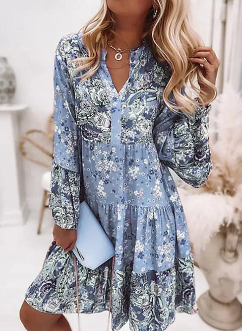 Floral V Neckline 3/4 Sleeves Above Knee A line Dress m161507179 (5826766)