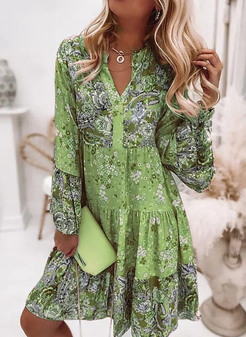 Floral V Neckline 3/4 Sleeves Above Knee A line Dress m161507179 (5826766)