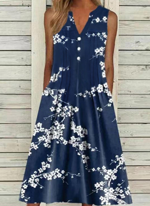 Robe trapèze mi-longue sans manches à encolure en V florale m161507254 