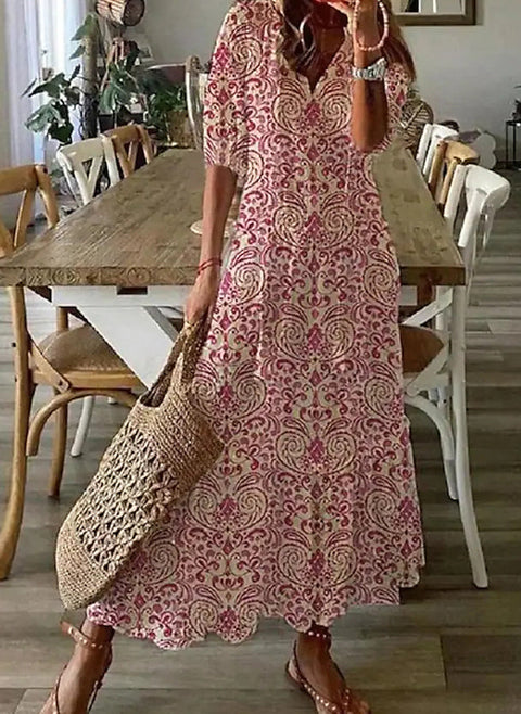 Robe trapèze mi-longue à manches mi-longues et décolleté en V floral m161507354 