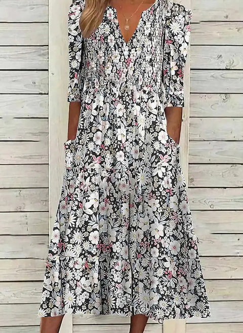 Robe trapèze mi-longue à manches mi-longues et décolleté en V floral m161507359 