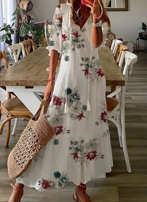 Floral V Neckline Short Sleeve Maxi A line Dress m161507780 (5827060)